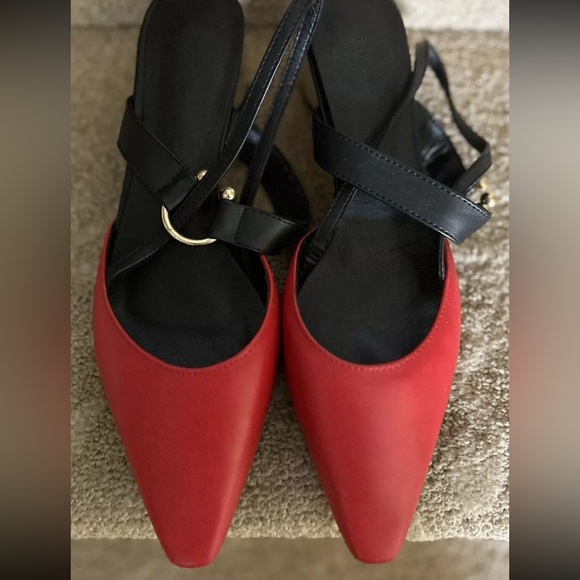 Pointed Red, Black, Silver Sling Mules Size 8 - Picture 2 of 5